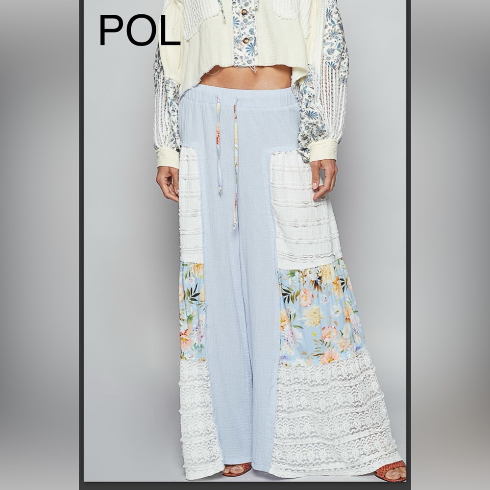 BPB13-1💙POL pristine blue wide leg pants socks/floral lace inset+elastic waist! - Picture 2 of 8